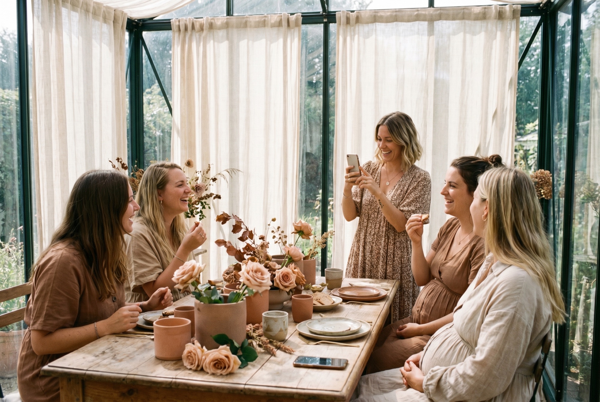Friends gather at a sunlit baby shower in a garden room.