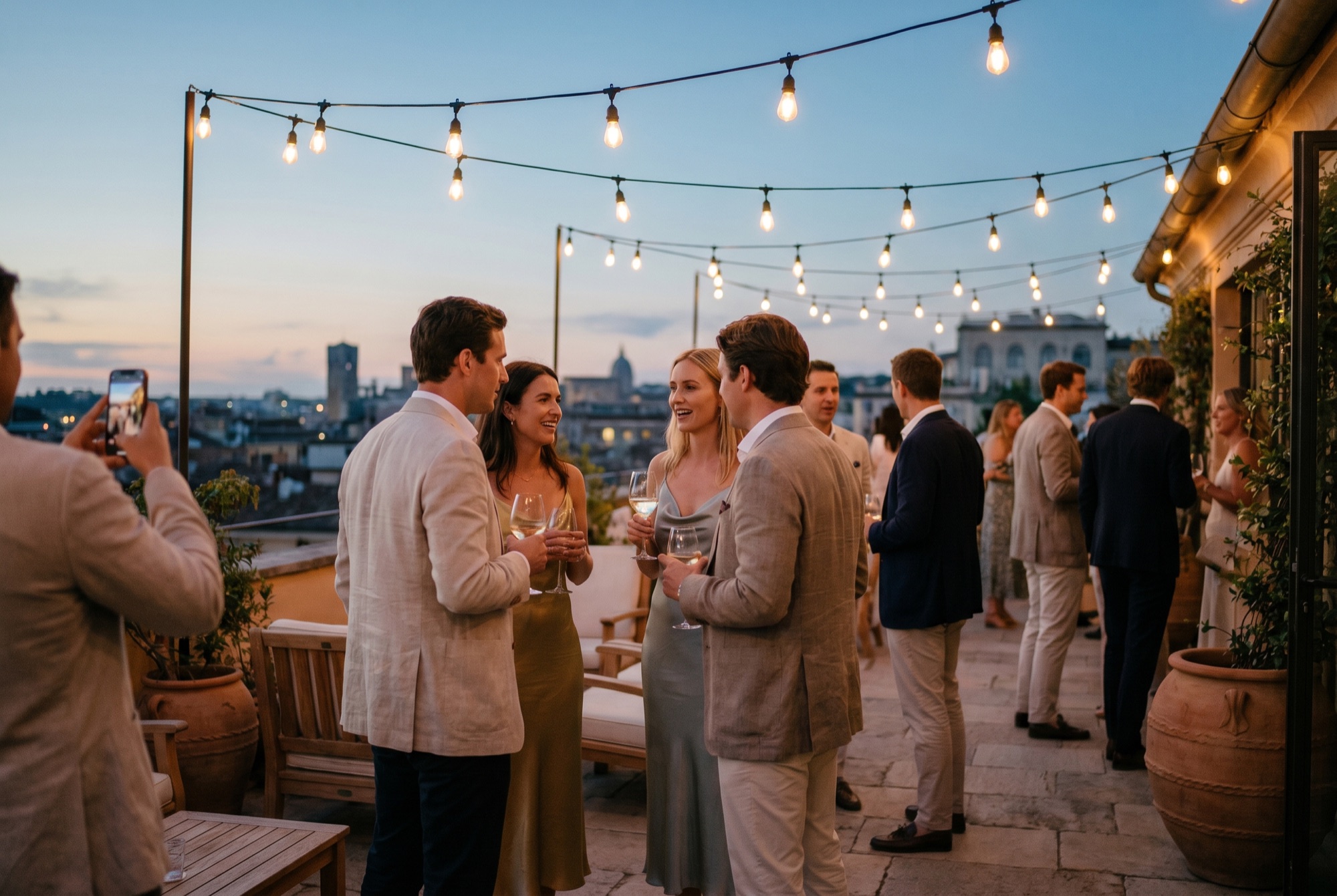 Guests mingle at a rooftop cocktail event at dusk.