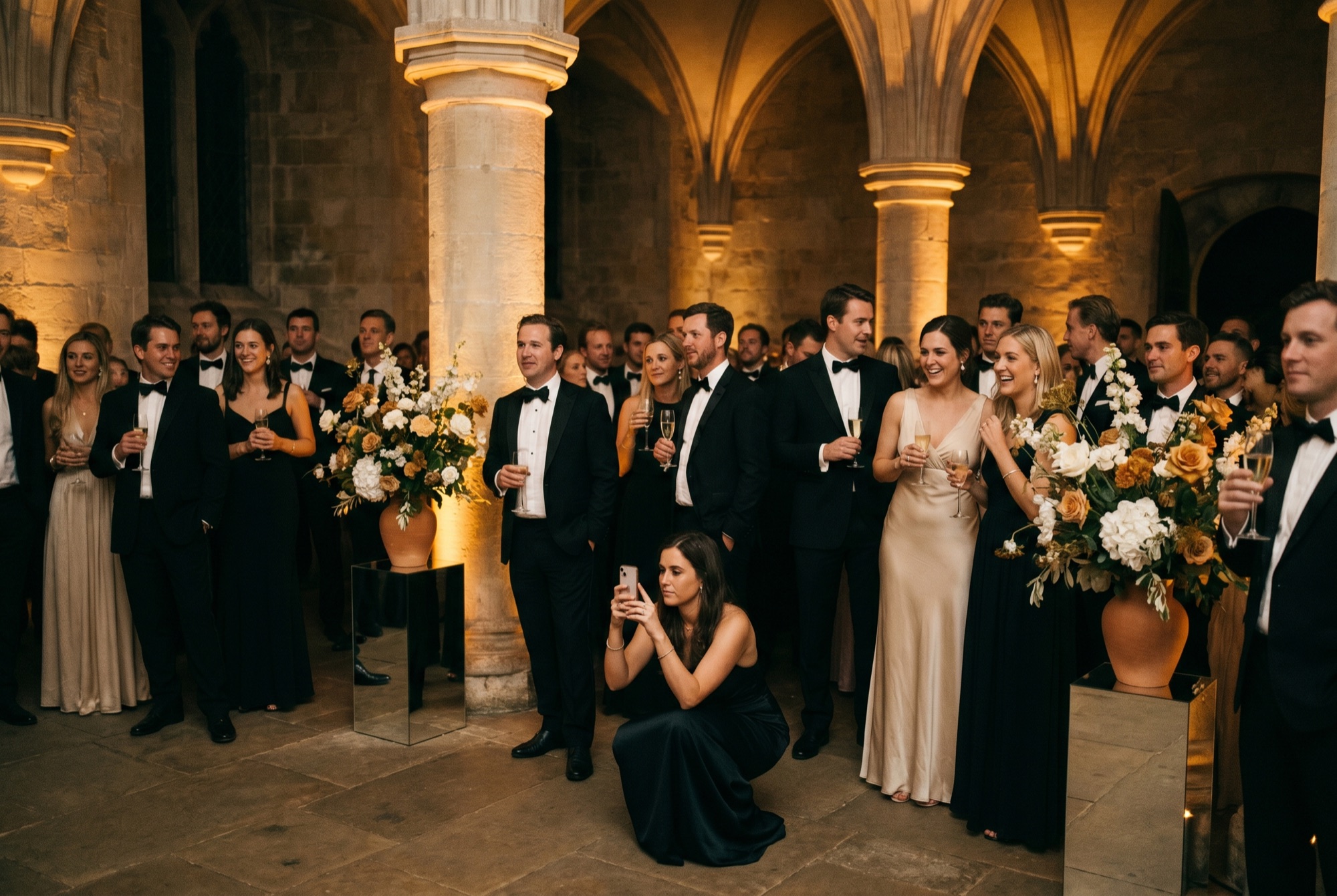 Black-tie guests with champagne in a grand hall at a gala.